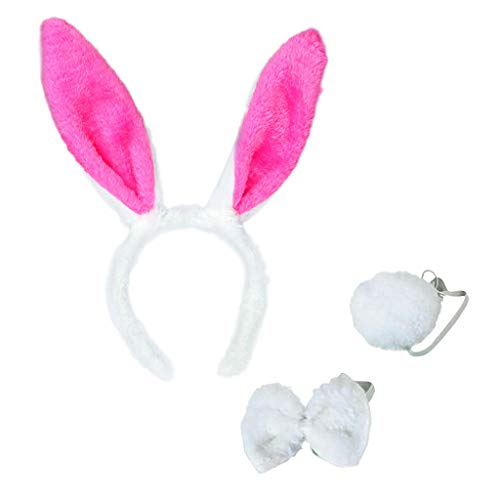 Hasenohren Haarreif Set, Hasen Ohren Haarreifen Plüsch Hasenohren Stirnband Haarbänder Fliege Schwanz, Kaninchenohren Haarreif Ostern Bunny Kostüm Party Kinder Erwachsene (Hot Pink, One Size) von Kielsjajd