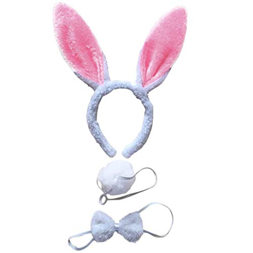 Hasenohren Haarreif Set, Hasen Ohren Haarreifen Plüsch Hasenohren Stirnband Haarbänder Fliege Schwanz, Kaninchenohren Haarreif Ostern Bunny Kostüm Party Kinder Erwachsene (Pink, One Size) von Kielsjajd