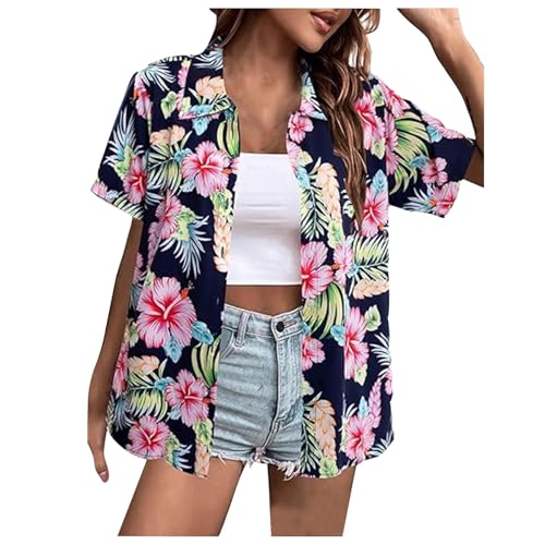 Hawaii Hemd Damen Hawaii Outfit Shirt Kurzarm Bluse Frauen Sommer Hawaiihemd Strandshirt Hawaiibluse Fronttasche Kurzarmhemd Strandhemd Floral Oberhemd Partyhemd Button Down Hawaiibluse von Kielsjajd