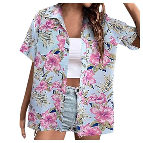Hawaii Hemd Damen Hawaii Outfit Shirt Kurzarm Bluse Frauen Sommer Hawaiihemd Strandshirt Hawaiibluse Fronttasche Kurzarmhemd Strandhemd Floral Oberhemd Partyhemd Button Down Hawaiibluse von Kielsjajd