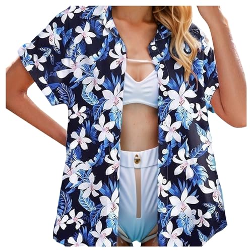 Hawaii Hemd Damen Hawaii Outfit Shirt Kurzarm Bluse Frauen Sommer Hawaiihemd Strandshirt Hawaiibluse Fronttasche Kurzarmhemd Strandhemd Floral Oberhemd Partyhemd Button Down Hawaiibluse von Kielsjajd