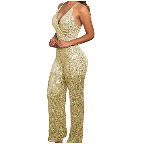 Jumpsuit Damen Elegant | Festliches Jumpsuit | Party Jumpsuit | Glitzer Jumpsuit | Playsuit | Hosenanzug | Romper | Pailletten-Overall | V-Ausschnitt | Ärmellos | Damen Ärmellos Einteiler Overall von Kielsjajd