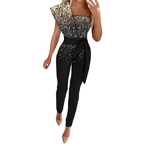 Jumpsuits für Damen Elegant Einteiler Overall Lang Einfarbig Hosenanzug mit Glitzer Playsuit Hohe Taille Vintage Latzhose mit Gürtel Arbeitshose Slim Fit Strampler Frauen Spielanzug Romper (Gold, L) von Kielsjajd