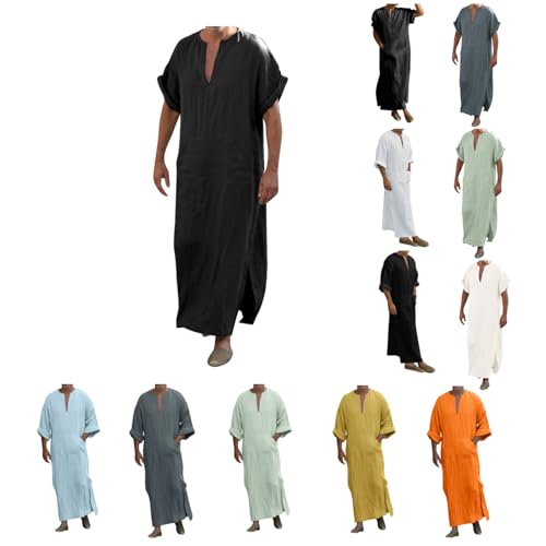 Kaftan Herren Kurzarm Nachthemd Arabische Kleidung Seite Split Islamische Kleidung Baumwolle Leinen Nachtwäsche Leicht Muslimische Kleider mit Taschen V-Ausschnitt Leicht Herrenhemd Tunika Robes von Kielsjajd