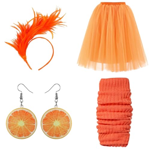 Karneval Kostüm Damen Tüllrock Orange Faschingskostüme Orange Tüll Rock, Obst Acryl Ohrringe, Feder Haarschmuck Karneval Kostüm von Kielsjajd