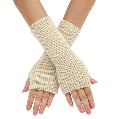 Kielsjajd 1 Paar Handstulpen Weicher Strick Handschuhe Ohne Finger,Halb Fingerlose Handschuhe,Winter Handschuhe Fingerlos Für Mädchen, Mode Warme Finger Handgelenk Armstulpen (Beige, One Size) von Kielsjajd
