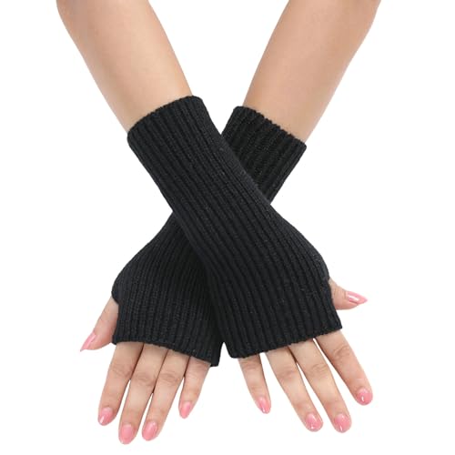 Kielsjajd 1 Paar Handstulpen Weicher Strick Handschuhe Ohne Finger,Halb Fingerlose Handschuhe,Winter Handschuhe Fingerlos Für Mädchen, Mode Warme Finger Handgelenk Armstulpen (Black, One Size) von Kielsjajd