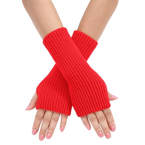 Kielsjajd Weiche Strick Handstulpen - Halb Fingerlose Handschuhe für Mädchen, Mode Warme Finger Handgelenk Armstulpen (Rot, One Size) von Kielsjajd