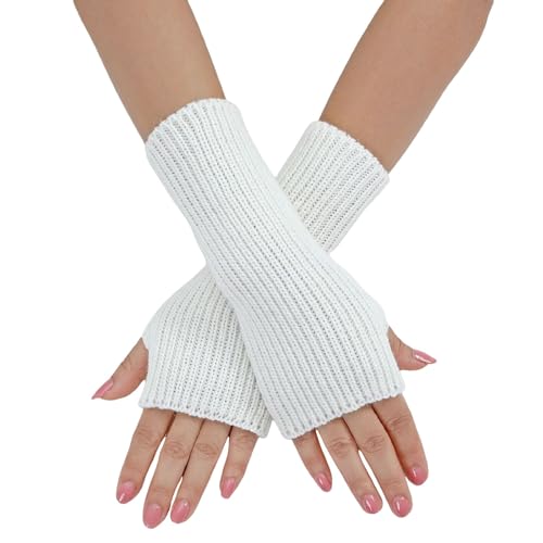 Kielsjajd 1 Paar Handstulpen Weicher Strick Handschuhe Ohne Finger,Halb Fingerlose Handschuhe,Winter Handschuhe Fingerlos Für Mädchen, Mode Warme Finger Handgelenk Armstulpen (White, One Size) von Kielsjajd