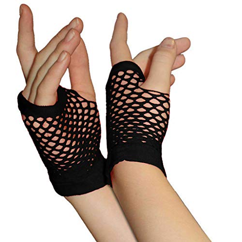 Kielsjajd 1 Paar Neon Fingerlose Netzhandschuhe Damen Kurze Netzhandschuhe Armstulpen 80er 90er Party Cosplay Kostüm Zubehör Disco Party Halloween Zubehör (Black, One Size) von Kielsjajd