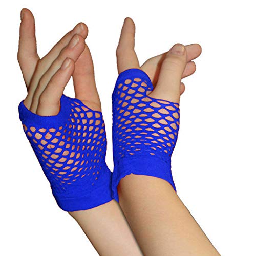 Kielsjajd 1 Paar Neon Fingerlose Netzhandschuhe Damen Kurze Netzhandschuhe Armstulpen 80er 90er Party Cosplay Kostüm Zubehör Disco Party Halloween Zubehör (Blue, One Size) von Kielsjajd