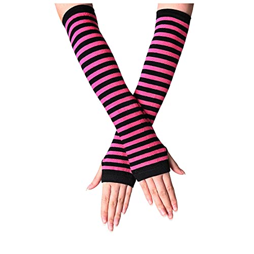 Kielsjajd 1Paar Fingerlose Handschuhe Handgelenk Kleidung Gothic Zubehör Cosplay Arm Bein Handwärmer Schwarz Lange Armwärmer Gestreift Fingerlose Handschuhe für Frauen Winter (Hot Pink, One Size) von Kielsjajd