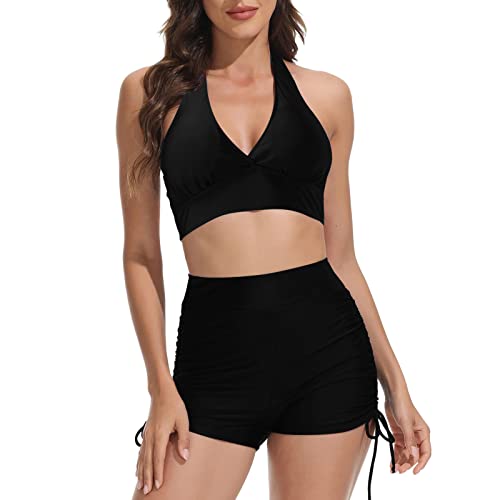 Kielsjajd Bikini Damen Sport Push Up Oberteil Polster Badeanzug Zweiteiler Frauen Shorts Bikini Set Pads Strand Schwimmen 2 Teilig Damen Tankini Set zweiteilig Bauchweg mit Hot Pants (D-012, XXL) von Kielsjajd