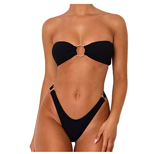 Kielsjajd Damen Bikini Set, schulterfrei Bandeau mit Kordelzug & Rüschen High Cut Einfarbig Bademode (Black-B, M) von Kielsjajd