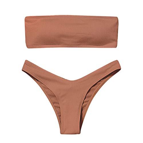 Kielsjajd Damen Bikini Set, schulterfrei Bandeau mit Kordelzug & Rüschen High Cut Einfarbig Bademode (C-014, S) von Kielsjajd