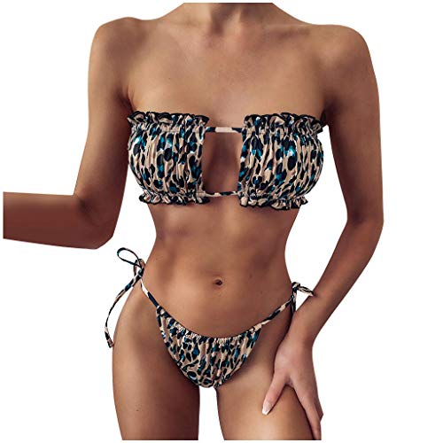 Kielsjajd Damen Bikini Set, schulterfrei Bandeau mit Kordelzug & Rüschen High Cut Einfarbig Bademode (Khaki, L) von Kielsjajd