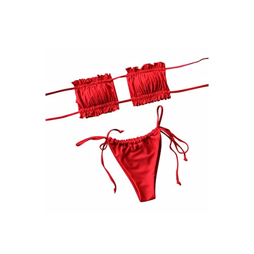 Kielsjajd Damen Bikini Set, schulterfrei Bandeau mit Kordelzug & Rüschen High Cut Einfarbig Bademode (Rot, L) von Kielsjajd