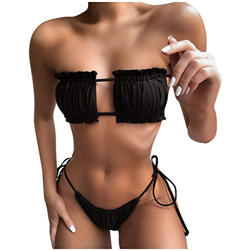 Kielsjajd Damen Bikini Set, schulterfrei Bandeau mit Kordelzug & Rüschen High Cut Einfarbig Bademode (Schwarz, L) von Kielsjajd