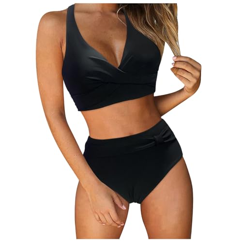 Kielsjajd Damen Bikini Set Bauchweg Push Up Große Brüste Oberteil + High Waist Bikini Hose V Ausschnitt überkreuztes Blumenmuster Sportbikini Bauchkontrolle Bademode Zweiteiliger Badeanzug Swimsuit von Kielsjajd