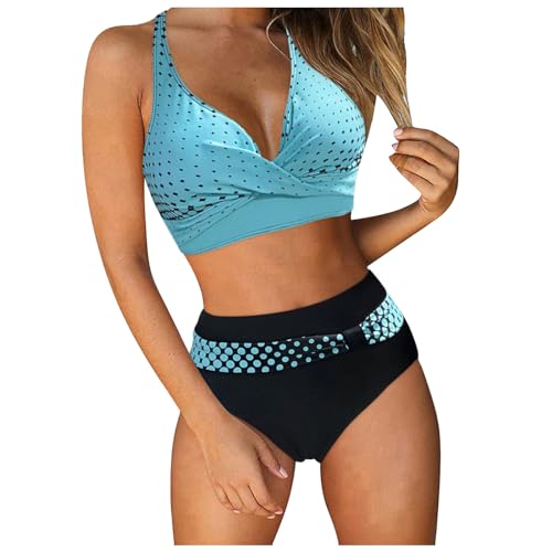 Kielsjajd Damen Bikini Set Bauchweg Push Up Große Brüste Oberteil + High Waist Bikini Hose V Ausschnitt überkreuztes Blumenmuster Sportbikini Bauchkontrolle Bademode Zweiteiliger Badeanzug Swimsuit von Kielsjajd