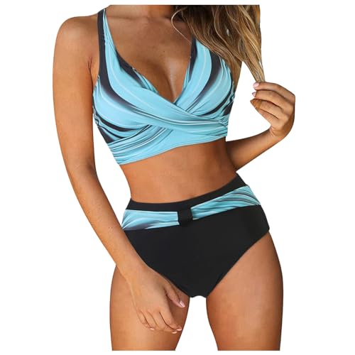 Kielsjajd Damen Bikini Set Bauchweg Push Up Große Brüste Oberteil + High Waist Bikini Hose V Ausschnitt überkreuztes Blumenmuster Sportbikini Bauchkontrolle Bademode Zweiteiliger Badeanzug Swimsuit von Kielsjajd