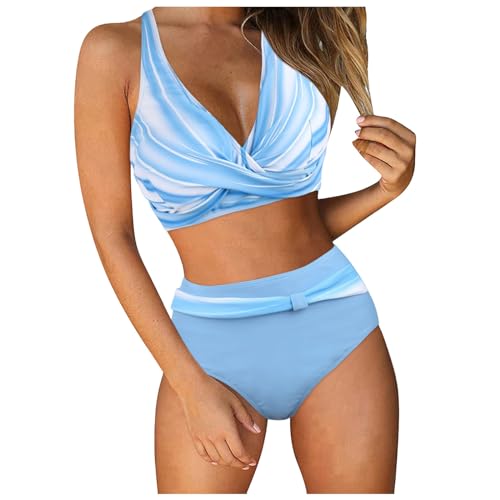 Kielsjajd Damen Bikini Set Bauchweg Push Up Große Brüste Oberteil + High Waist Bikini Hose V Ausschnitt überkreuztes Blumenmuster Sportbikini Bauchkontrolle Bademode Zweiteiliger Badeanzug Swimsuit von Kielsjajd