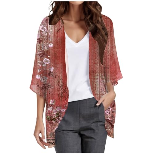 Kielsjajd Damen Bolero Festlich, Damen Chiffon Bolero Festlich 3/4 Ärmel Elegant Top Kurze Strickjacke Cardigan Open Front Casual Bolerojacke Schulterjacke Jäckchen für Abendkleid (#01 Red, L) von Kielsjajd