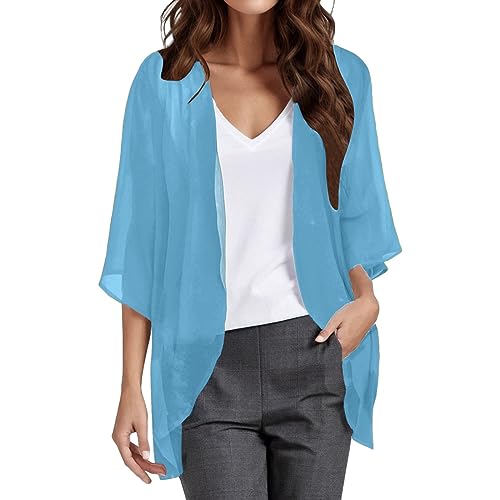 Kielsjajd Damen Bolero Festlich, Damen Chiffon Bolero Festlich 3/4 Ärmel Elegant Top Kurze Strickjacke Cardigan Open Front Casual Bolerojacke Schulterjacke Jäckchen für Abendkleid Hochzeit (Blue-a, M) von Kielsjajd