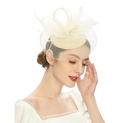 Kielsjajd Damen Fascinator Hut, Mesh Federn Stirnband Tea Party Clip Kopfbedeckung Haarschmuck für Party Kirche Hochzeit für Frauen Mädchen, Damen Fascinator Hut mit Federn (a-Khaki, One Size) von Kielsjajd