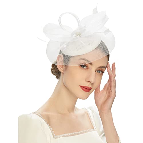Kielsjajd Damen Fascinator Hut, Mesh Federn Stirnband Tea Party Clip Kopfbedeckung Haarschmuck für Party Kirche Hochzeit für Frauen Mädchen, Damen Fascinator Hut mit Federn (a-White, One Size) von Kielsjajd