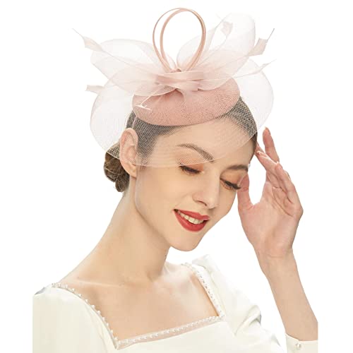 Kielsjajd Damen Fascinator Hut, Mesh Federn Stirnband Tea Party Clip Kopfbedeckung Haarschmuck für Party Kirche Hochzeit für Frauen Mädchen, Damen Fascinator Hut mit Federn Schleier (a-Pink, One Size) von Kielsjajd