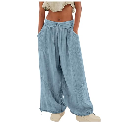Kielsjajd Damen Haremshose leichte Pumphose Aladin-Hose Sarouelhose Yogapant Pluderhose Freizeithose Sommerhose Boho Strandhose Leicht Freizeithose Weite Leg Hose mit Tunnelzug Taschen (Blue, M) von Kielsjajd