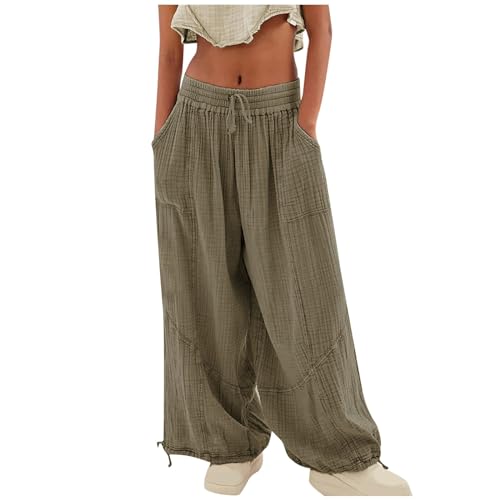 Kielsjajd Damen Haremshose leichte Pumphose Aladin-Hose Sarouelhose Yogapant Pluderhose Freizeithose Sommerhose Boho Strandhose Leicht Freizeithose Weite Leg Hose mit Tunnelzug Taschen (Khaki, L) von Kielsjajd