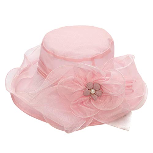 Kielsjajd Damen Kirche Fascinator Braut Hochzeit Sonnenhüte Frauenorganza Hut Dame Breitrandiges Blumenband -Kirchenkleidersonnenhut-Blumenmaschen-Sonnenhut (Pink, One Size) von Kielsjajd