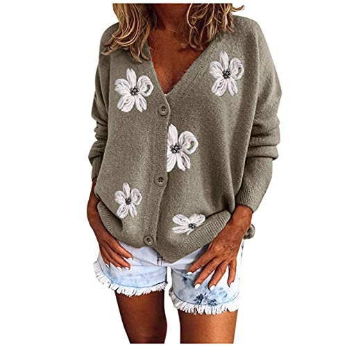 Kielsjajd Damen Leichte Strickjacke Blumen Stickerei Strick Kurz Cardigan Warme Strickpullover mit Knöpfe Oberteil Casual Lose Strickcardigan Elegeant Herbst Winter Jacke von Kielsjajd