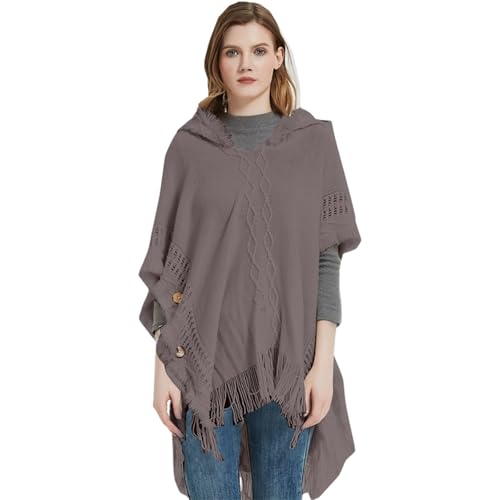 Kielsjajd Damen Poncho mit Kapuze und gehäkeltem Cape mit Fransensaum für Winter, Poncho Damen Elegant Warm Winter Solid Color Strick Ponchos Capes Schal Damen Gestrickt Cape mit Fransensaum von Kielsjajd