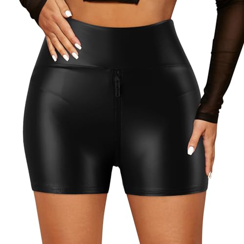 Kielsjajd Damen Shorts High Waist Kurze Lederhose Skinny Lederoptik Leggins Hose Hotpants Damen Sexy Shorts Glanz Hohe Taille PU Kurze Hose Push up Kunstlederhose Damen PU Shorts (C-011 Black, S) von Kielsjajd