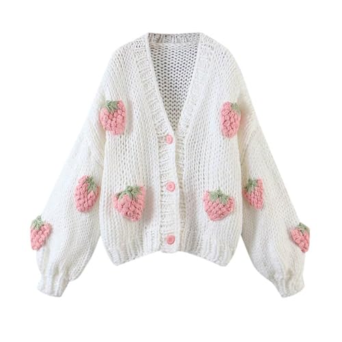 Kielsjajd Damen Strickjacke Strick Cardigan Grob gestrickter Cardigan-Pullover mit V-Ausschnitt und Erdbeer-Ärmeln für Damen Casual Einfarbig Strickmantel Freizeit Jacket (One Size) von Kielsjajd