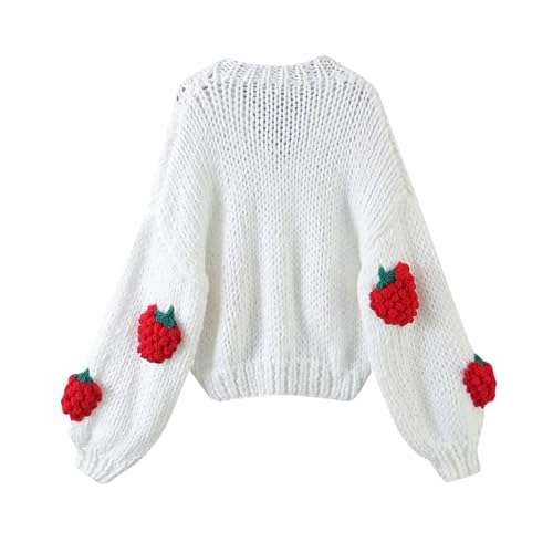 Kielsjajd Damen Strickjacke Strick Cardigan Grob gestrickter Cardigan-Pullover mit V-Ausschnitt und Erdbeer-Ärmeln für Damen Casual Einfarbig Strickmantel Freizeit Jacket (Red, One Size) von Kielsjajd