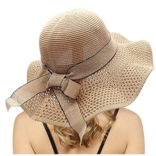 Kielsjajd Damen Strohhut Sommerhut Faltbarer Strandhut mit Schleife, Damen Faltbar Strohhut mit Groß Breite Kappe, Atmungsaktiv Strandhut Boho Weichem Sonnenhut für Reisen, Urlaub (Khaki, One Size) von Kielsjajd