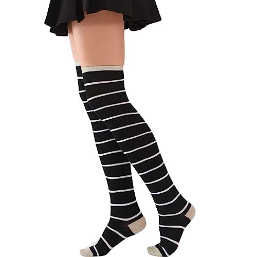 Kielsjajd Extra lange Socken Baumwolle mit Streifen, bis zum Oberschenkel/Kniehoch, Gestreifte Overknee Strümpfe Kniestrümpfe Damen Lange Gestreifte Socken Mädchen Thigh High Socks (Black, One Size) von Kielsjajd