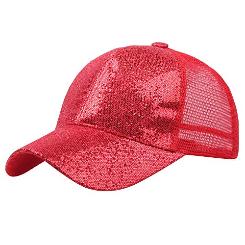 Kielsjajd Glitzern Mesh Baseball Cap Damen Einstellbar Baseballkappe Für Pferdeschwanz Sonnenhut Sommersportmütze Sommerhut Damen Pferdeschwanz Baseballkappe Baseball Cap Unisex Sonnenhut (A-Red, 54) von Kielsjajd