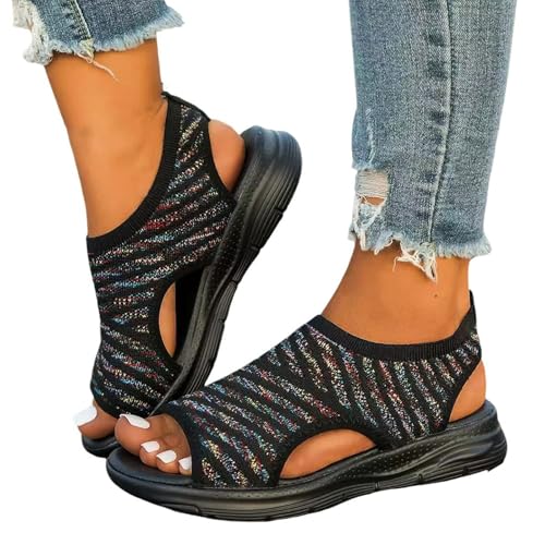 Kielsjajd Sommerschuhe Damen Farbblock Orthopädische-Sandalen Sommer Breite Füße Plateau Sandalen Weite Barfuss Atmungsaktive Mesh Sport Strick Damenschuhe Slingback Offene Schuhe Boho Schuhe von Kielsjajd
