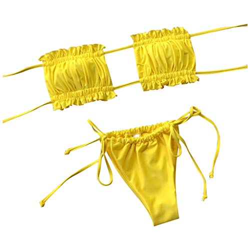 Kielsjajd Trägerloser Badeanzug Damen Bikini Set, Einfarbige Verknotete Badeanzug Niedrige Taille Sexy Tanga Sommer Strandmode (Gelb, S) von Kielsjajd