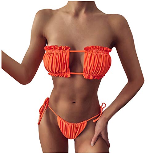 Kielsjajd Trägerloser Badeanzug mit Rüschen Schulterfrei Bandeau mit Kordelzug High Cut Einfarbig Bademode 2-Teile Bademode Badeanzug Strandmode Hohe (Orange, M) von Kielsjajd