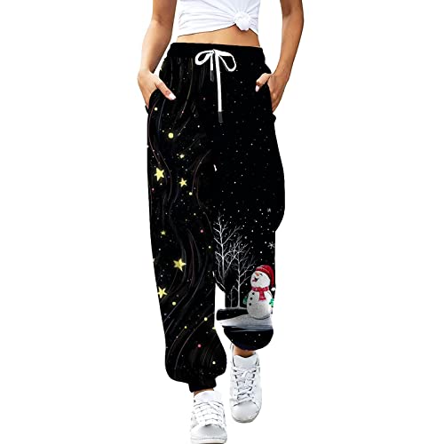 Kielsjajd Weihnachten Jogginghose Damen Hosen Druck Sportive Hosen Weihnachtshose Winter Freizeithose Trainingshose Sporthose Outdoor Hosen Weihnachtshosen Teenager MäDchen Joggerhose (A01 Black, M) von Kielsjajd