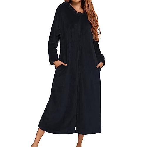 Lang Bademantel Damen flauschig, Winter Bademantel Kuschelig Flanell Langarm Bademantel mit Kapuze und durchgehendem Reißverschluss, Damen Winter Warm Robe Nachtwäsche Dressing Gown für (Black, L) von Kielsjajd