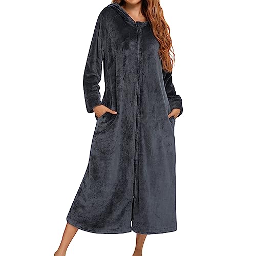 Lang Bademantel Damen flauschig, Winter Bademantel Kuschelig Flanell Langarm Bademantel mit Kapuze und durchgehendem Reißverschluss, Damen Winter Warm Robe Nachtwäsche Dressing Gown für (Grey, L) von Kielsjajd