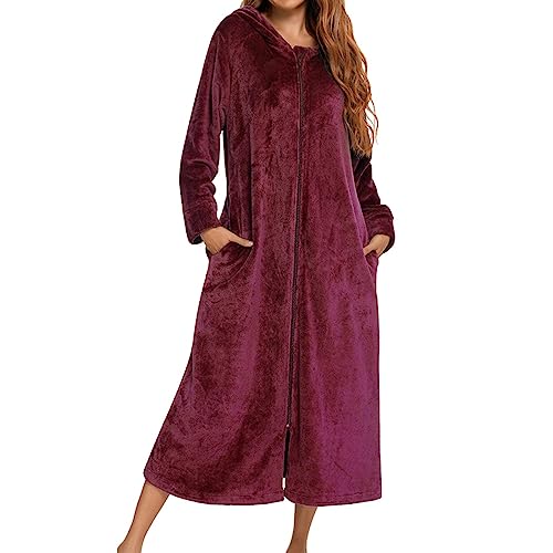 Lang Bademantel Damen flauschig, Winter Bademantel Kuschelig Flanell Langarm Bademantel mit Kapuze und durchgehendem Reißverschluss, Damen Winter Warm Robe Nachtwäsche Dressing Gown für (Red, M) von Kielsjajd