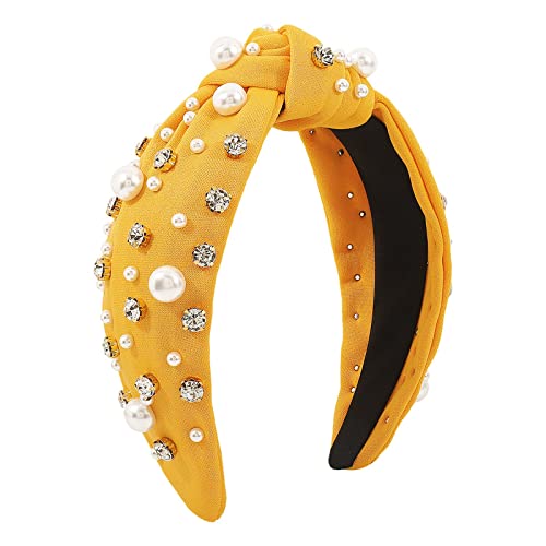 Lauf Set Kleidung Herren Modische Stirnbänder für Frauen Mädchen Stirnbänder Vintage Stirnband breiter Knoten Perlen Haarreifen für lässige Hochzeit Stirnband Boxen (Yellow, One Size) von Kielsjajd